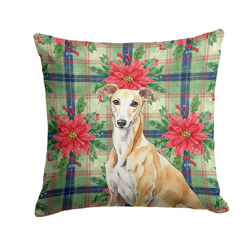 Fawn Greyhound Christmas PoinsettIas Decorative Throw Pillow 18x18 Indoor Outdoor Accent Cushion, Fabric Cover with Insert for Sofa, Bed, Porch & Living Room