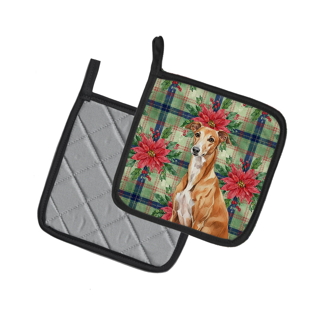 Red Greyhound Christmas PoinsettIas Pot Holder Set of 2 Heat Resistant Quilted Hot Pads 7.5 x 7.5 Inch, Insulated Kitchen Trivets for Cooking & Baking