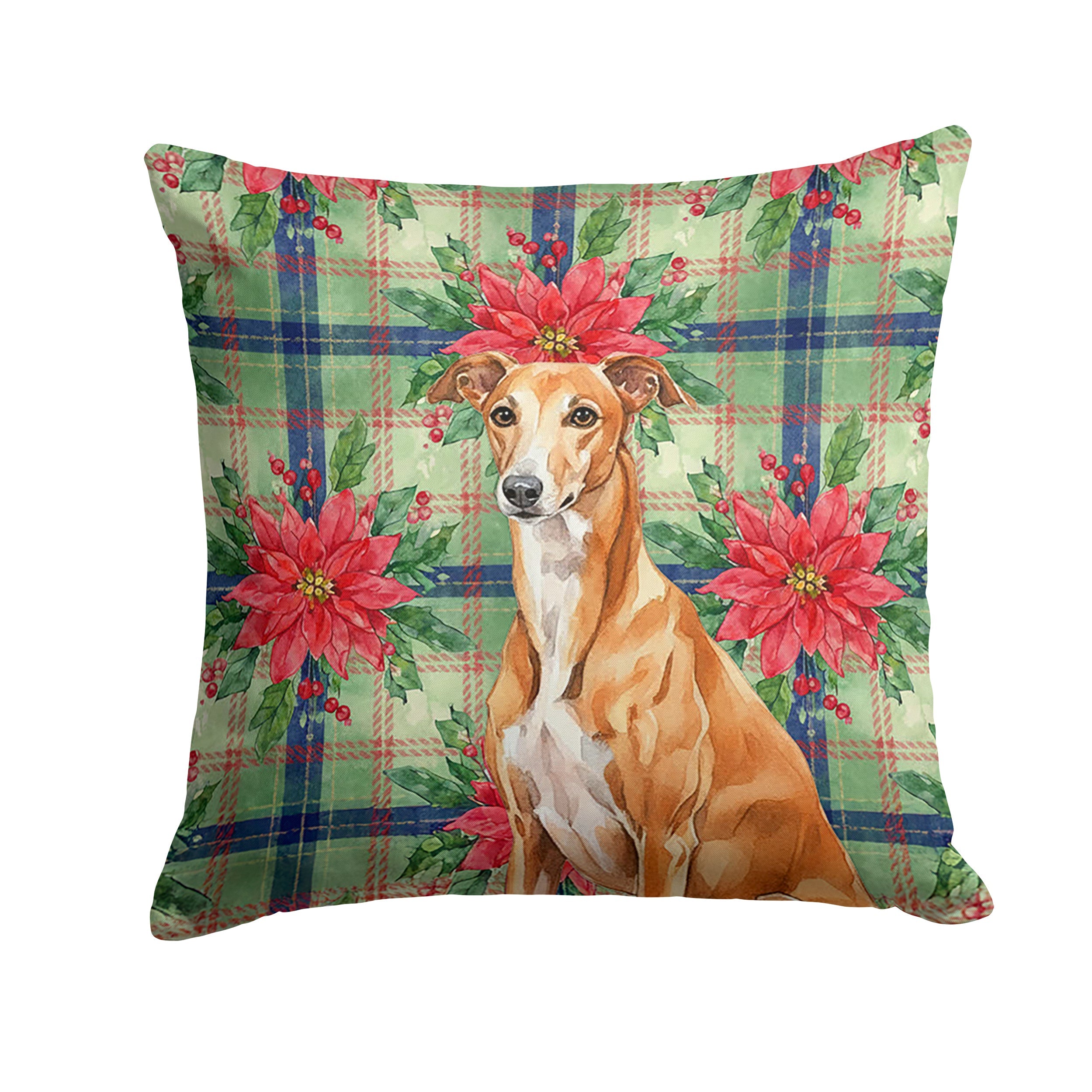 Red Greyhound Christmas PoinsettIas Decorative Throw Pillow 18x18 Indoor Outdoor Accent Cushion, Fabric Cover with Insert for Sofa, Bed, Porch & Living Room