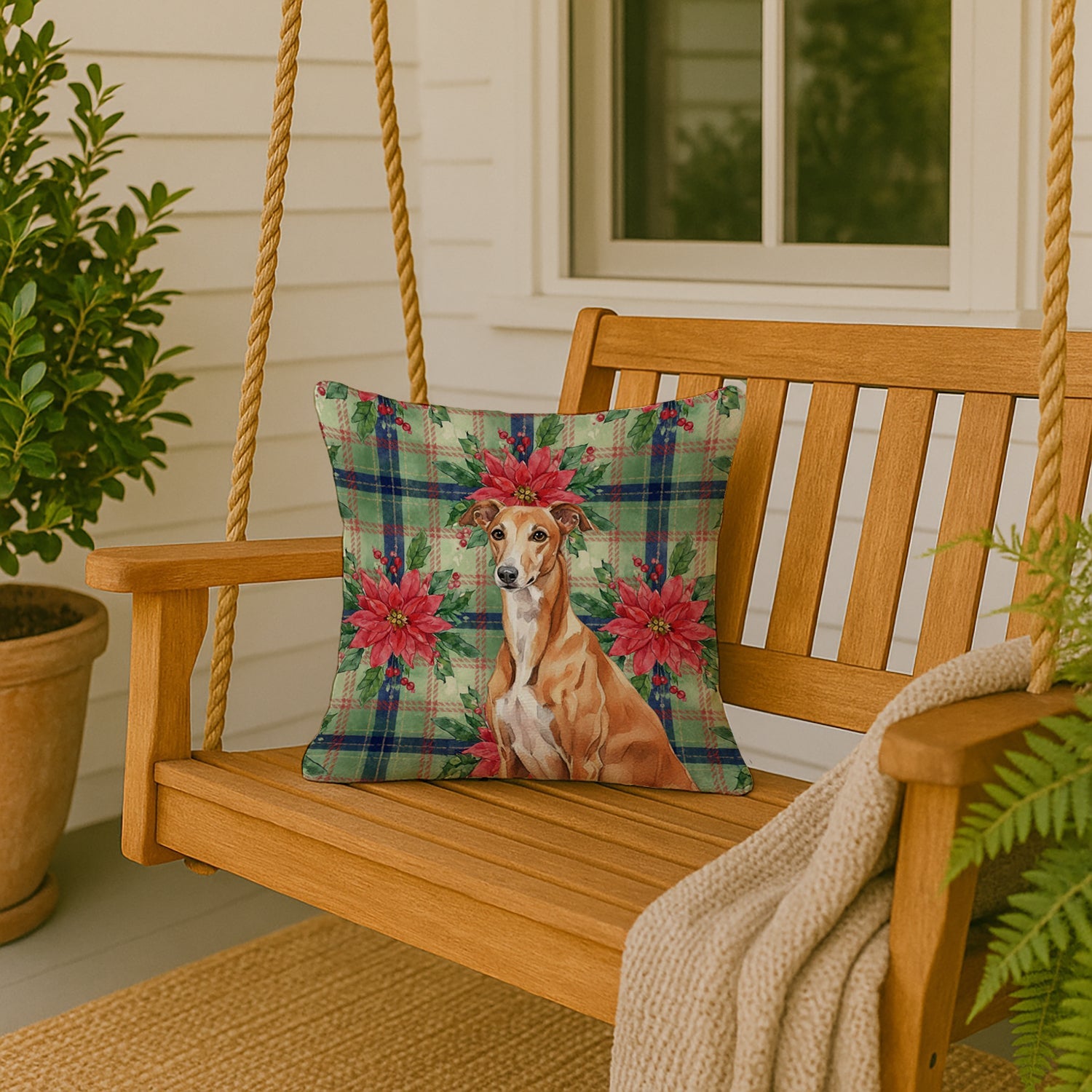 Red Greyhound Christmas PoinsettIas Decorative Throw Pillow 18x18 Indoor Outdoor Accent Cushion, Fabric Cover with Insert for Sofa, Bed, Porch & Living Room