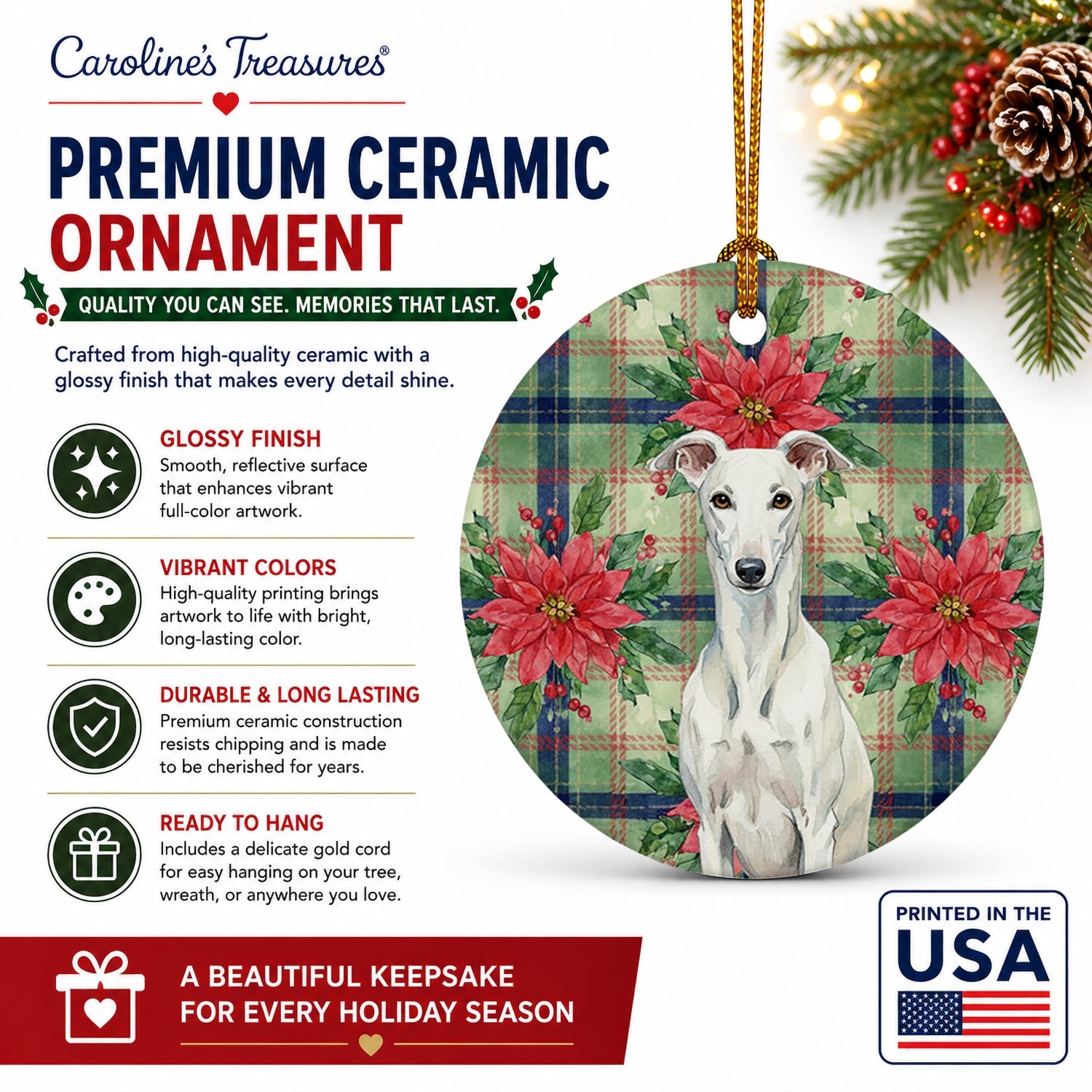 White Greyhound Christmas PoinsettIas Ceramic Ornament Christmas Tree Hanging Decorations for Home Christmas Holiday, Party, Gift, 3 in, Multicolor