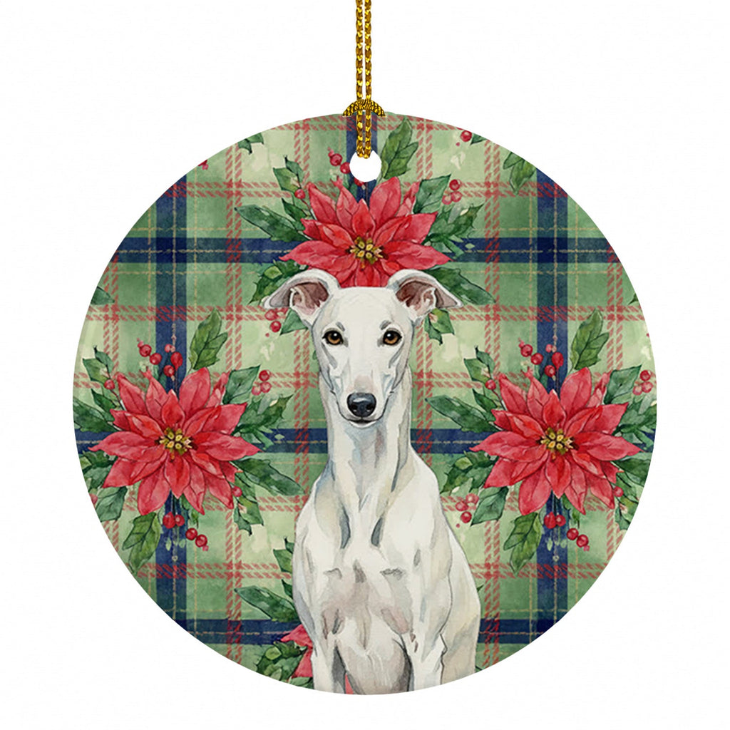 White Greyhound Christmas PoinsettIas Ceramic Ornament Christmas Tree Hanging Decorations for Home Christmas Holiday, Party, Gift, 3 in, Multicolor