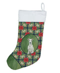 White Greyhound Christmas PoinsettIas Holiday Stocking Double-Sided Print, Polyester Suede,11x18, Made in USA
