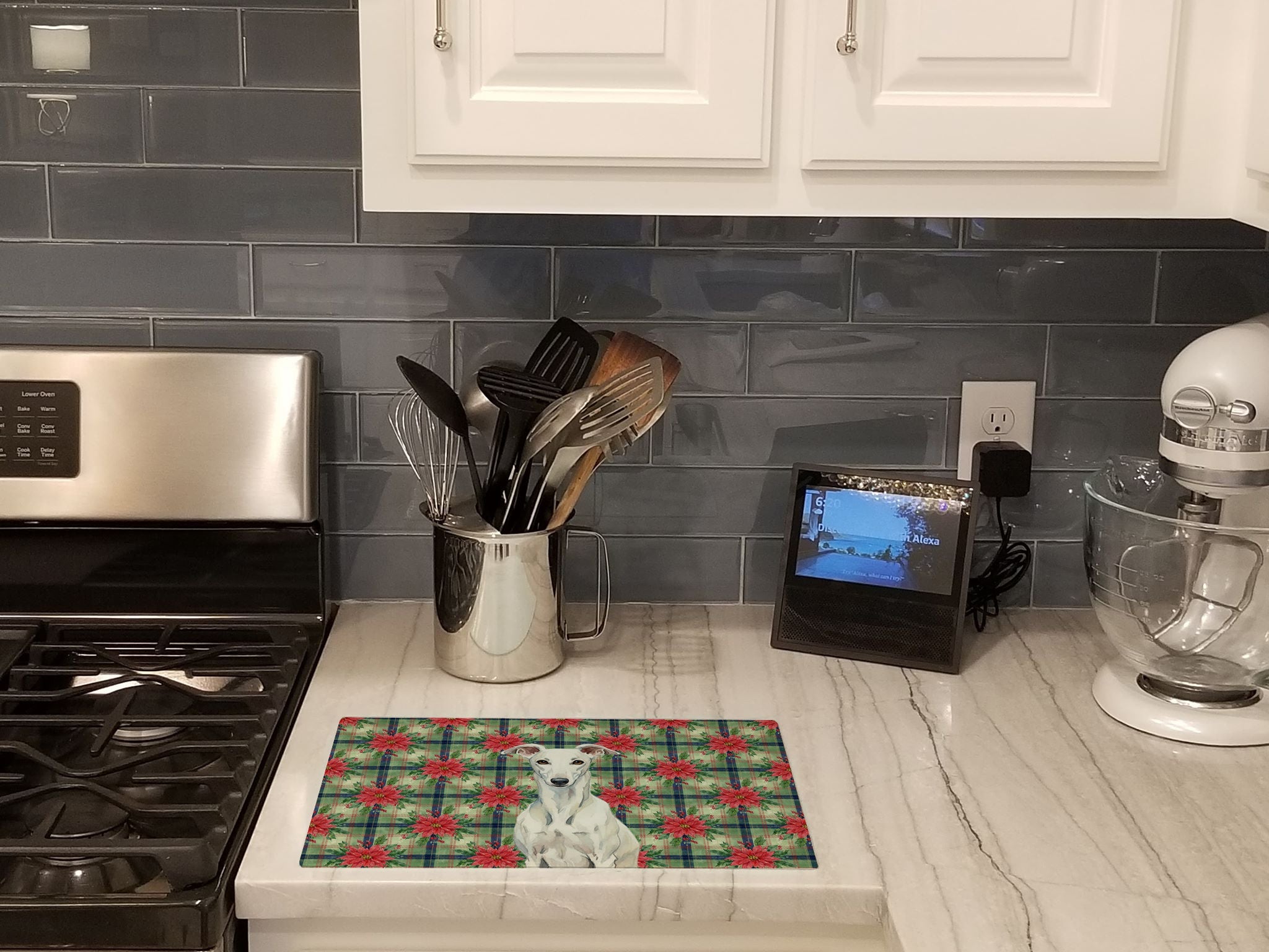 White Greyhound Christmas PoinsettIas Cutting Board Tempered Glass Kitchen Cutting Surface, Heat Resistant Chopping, Non-Slip Feet, Food Prep & Serving