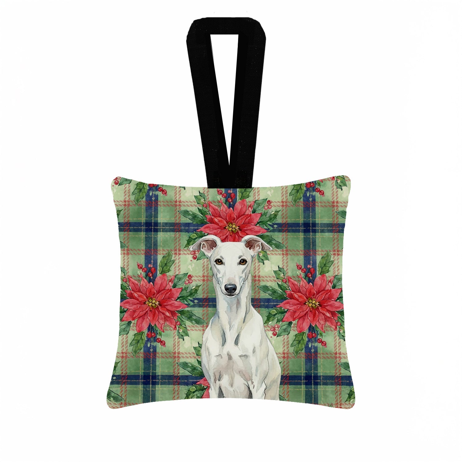 White Greyhound Christmas PoinsettIas Hanging Square Fabric Ornament 3.5 � 3.5 Decorative Door-Knob & Tree Hanger, Soft Fabric