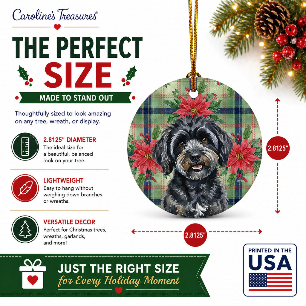 Black Havanese Christmas PoinsettIas Ceramic Ornament Christmas Tree Hanging Decorations for Home Christmas Holiday, Party, Gift, 3 in, Multicolor