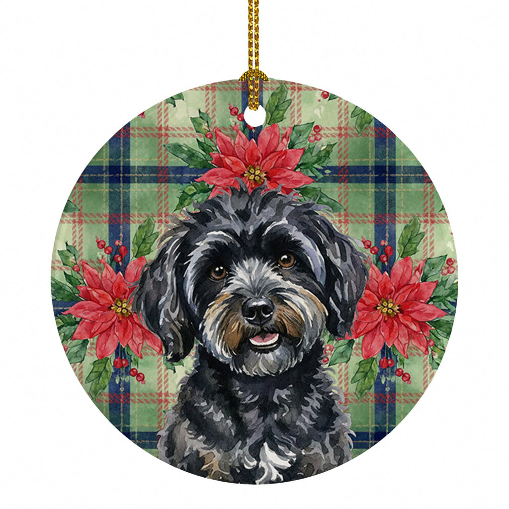Black Havanese Christmas PoinsettIas Ceramic Ornament Christmas Tree Hanging Decorations for Home Christmas Holiday, Party, Gift, 3 in, Multicolor
