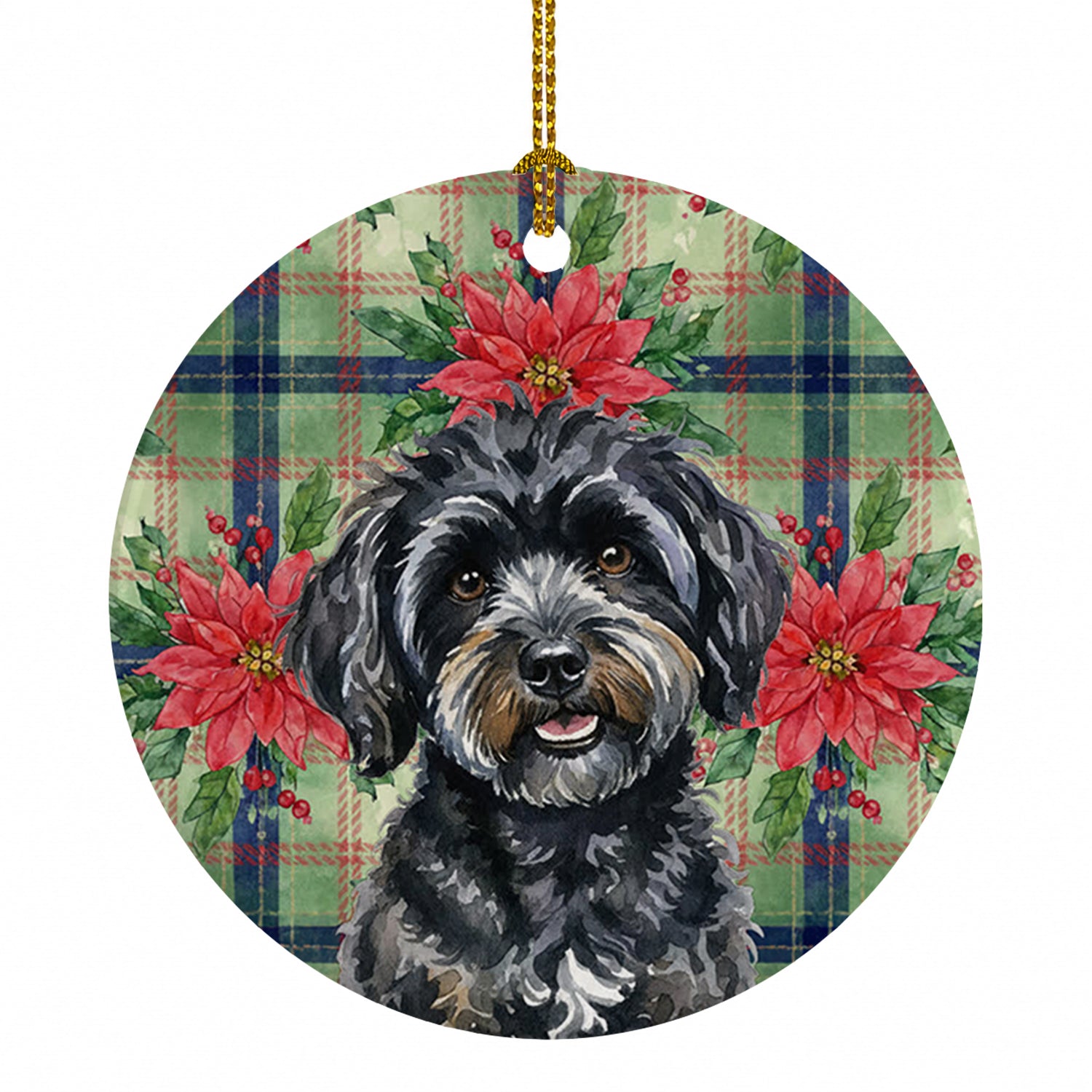 Black Havanese Christmas PoinsettIas Ceramic Ornament Christmas Tree Hanging Decorations for Home Christmas Holiday, Party, Gift, 3 in, Multicolor