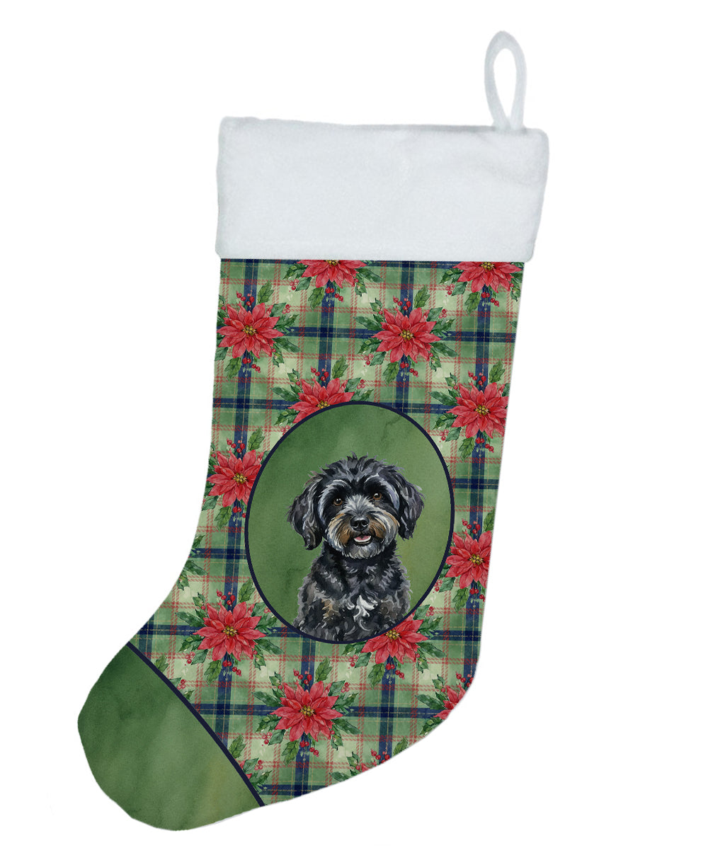 Black Havanese Christmas PoinsettIas Holiday Stocking Double-Sided Print, Polyester Suede,11x18, Made in USA