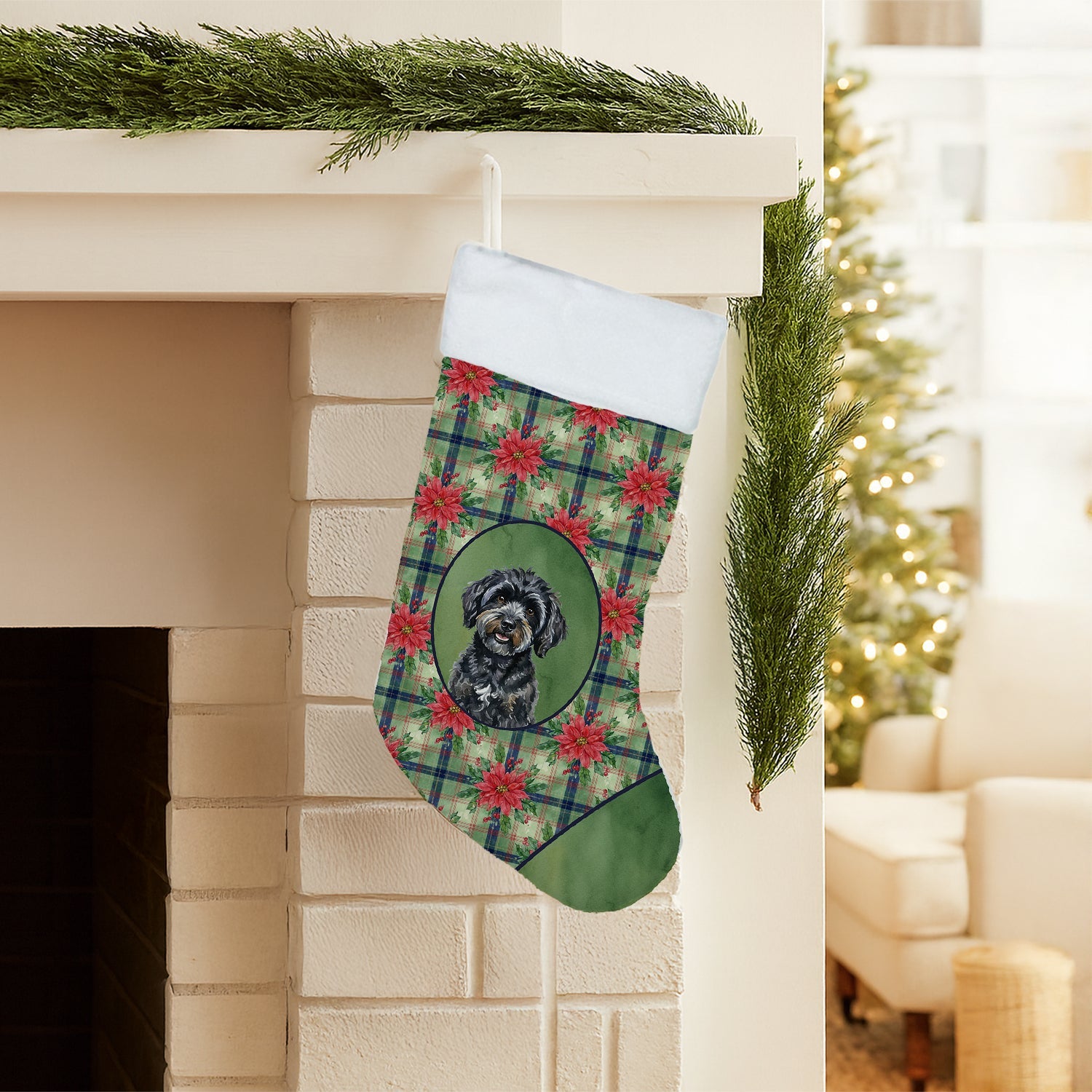 Black Havanese Christmas PoinsettIas Holiday Stocking Double-Sided Print, Polyester Suede,11x18, Made in USA