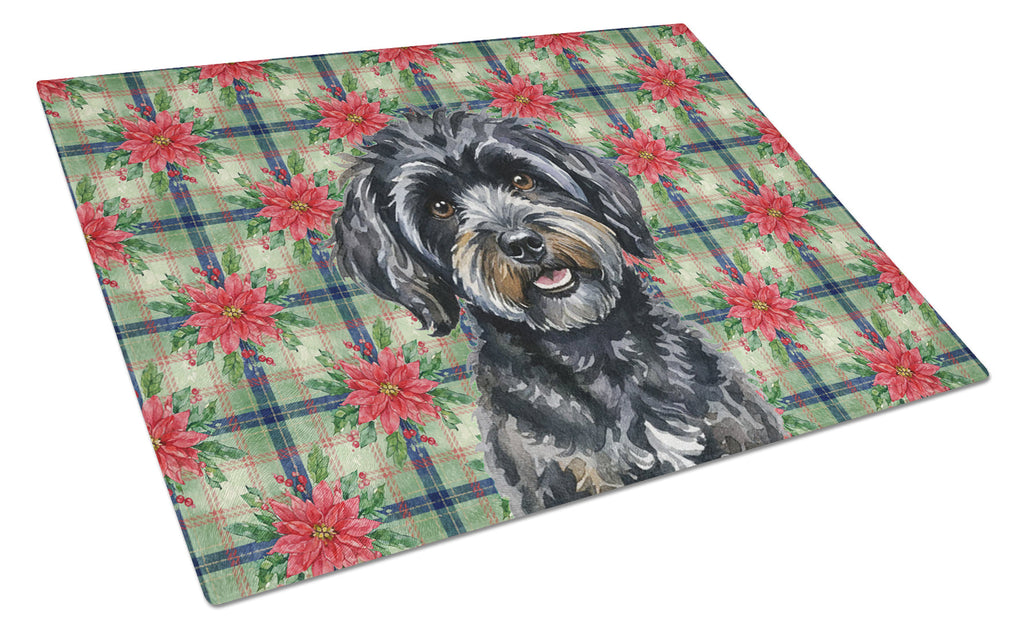 Black Havanese Christmas PoinsettIas Cutting Board Tempered Glass Kitchen Cutting Surface, Heat Resistant Chopping, Non-Slip Feet, Food Prep & Serving