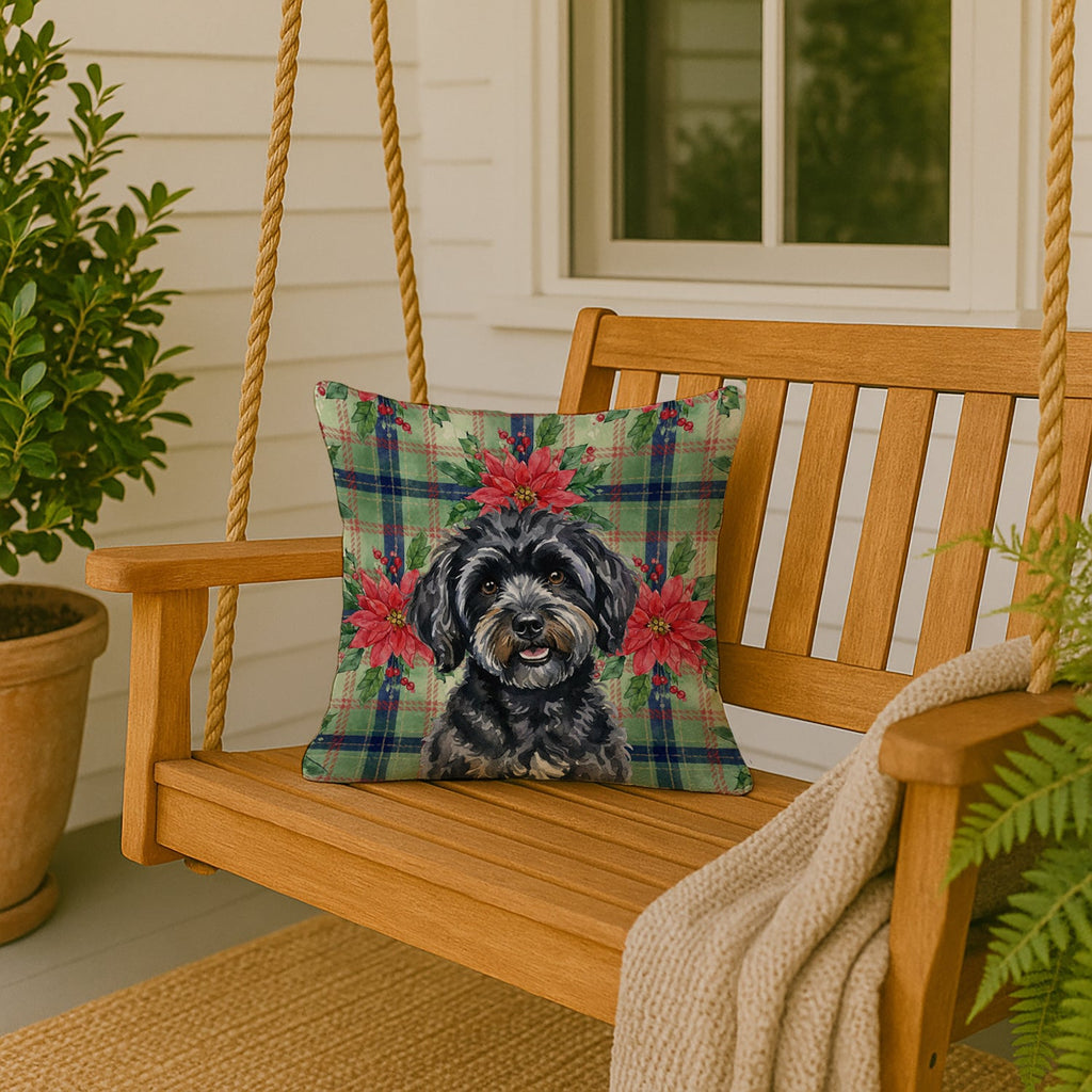Black Havanese Christmas PoinsettIas Decorative Throw Pillow 18x18 Indoor Outdoor Accent Cushion, Fabric Cover with Insert for Sofa, Bed, Porch & Living Room