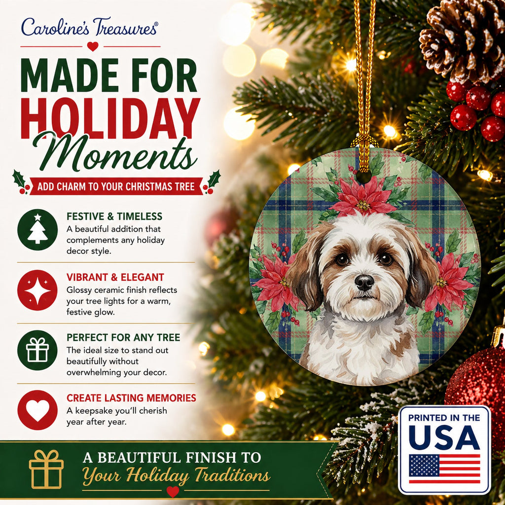 Parti-color Havanese Christmas PoinsettIas Ceramic Ornament Christmas Tree Hanging Decorations for Home Christmas Holiday, Party, Gift, 3 in, Multicolor