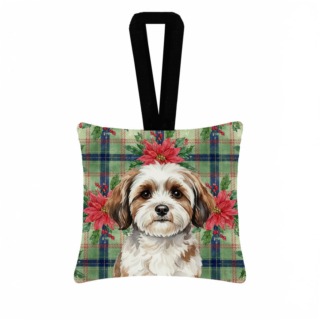 Parti-color Havanese Christmas PoinsettIas Hanging Square Fabric Ornament 3.5 � 3.5 Decorative Door-Knob & Tree Hanger, Soft Fabric