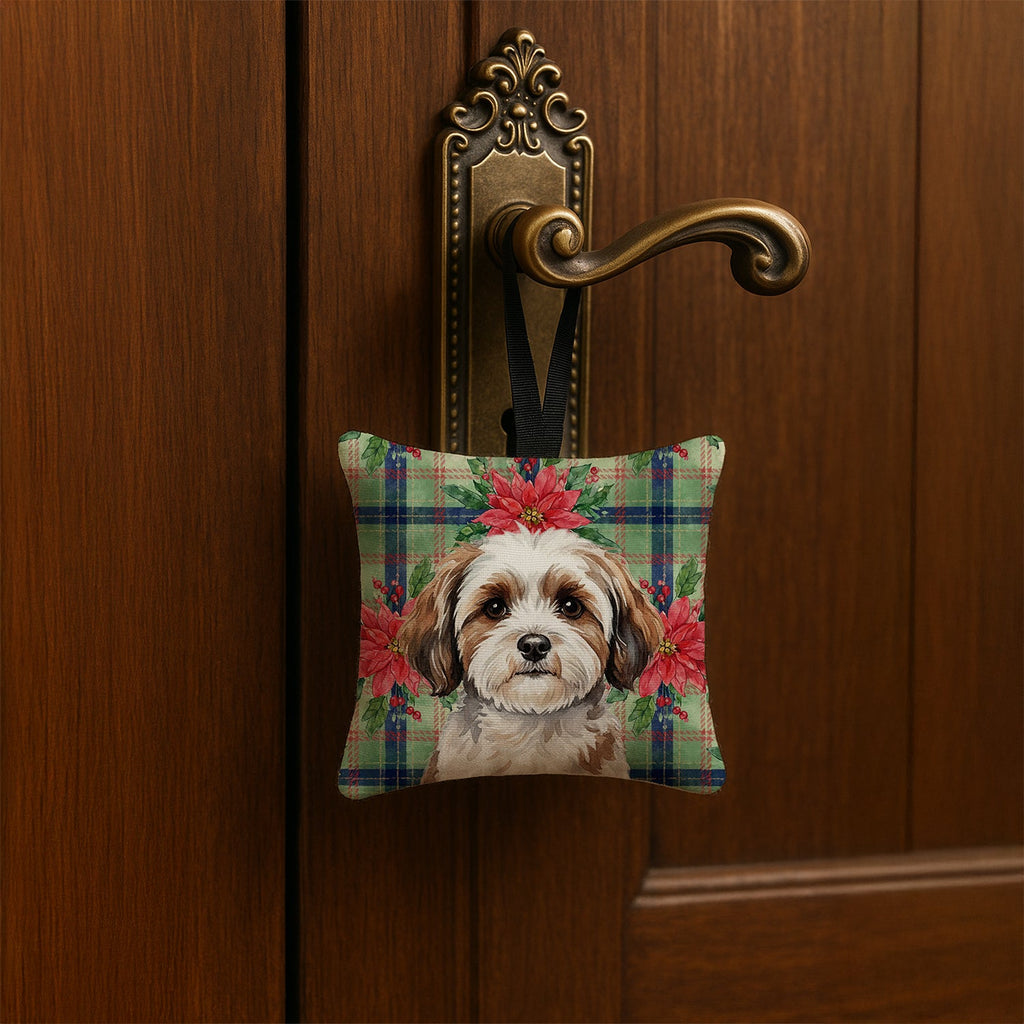 Parti-color Havanese Christmas PoinsettIas Hanging Square Fabric Ornament 3.5 � 3.5 Decorative Door-Knob & Tree Hanger, Soft Fabric