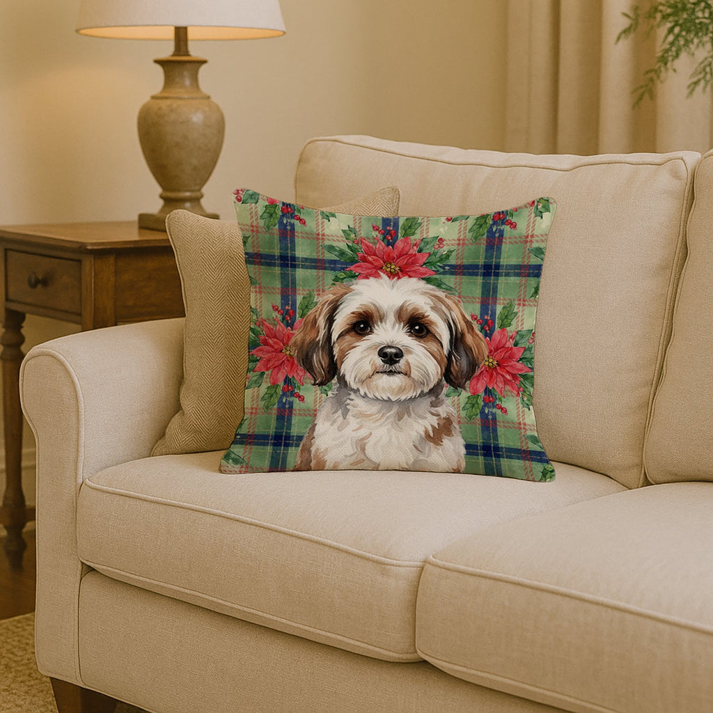 Parti-color Havanese Christmas PoinsettIas Decorative Throw Pillow 14x14 Indoor Outdoor Accent Cushion, Fabric Cover with Insert for Sofa, Bed, Porch & Living Room