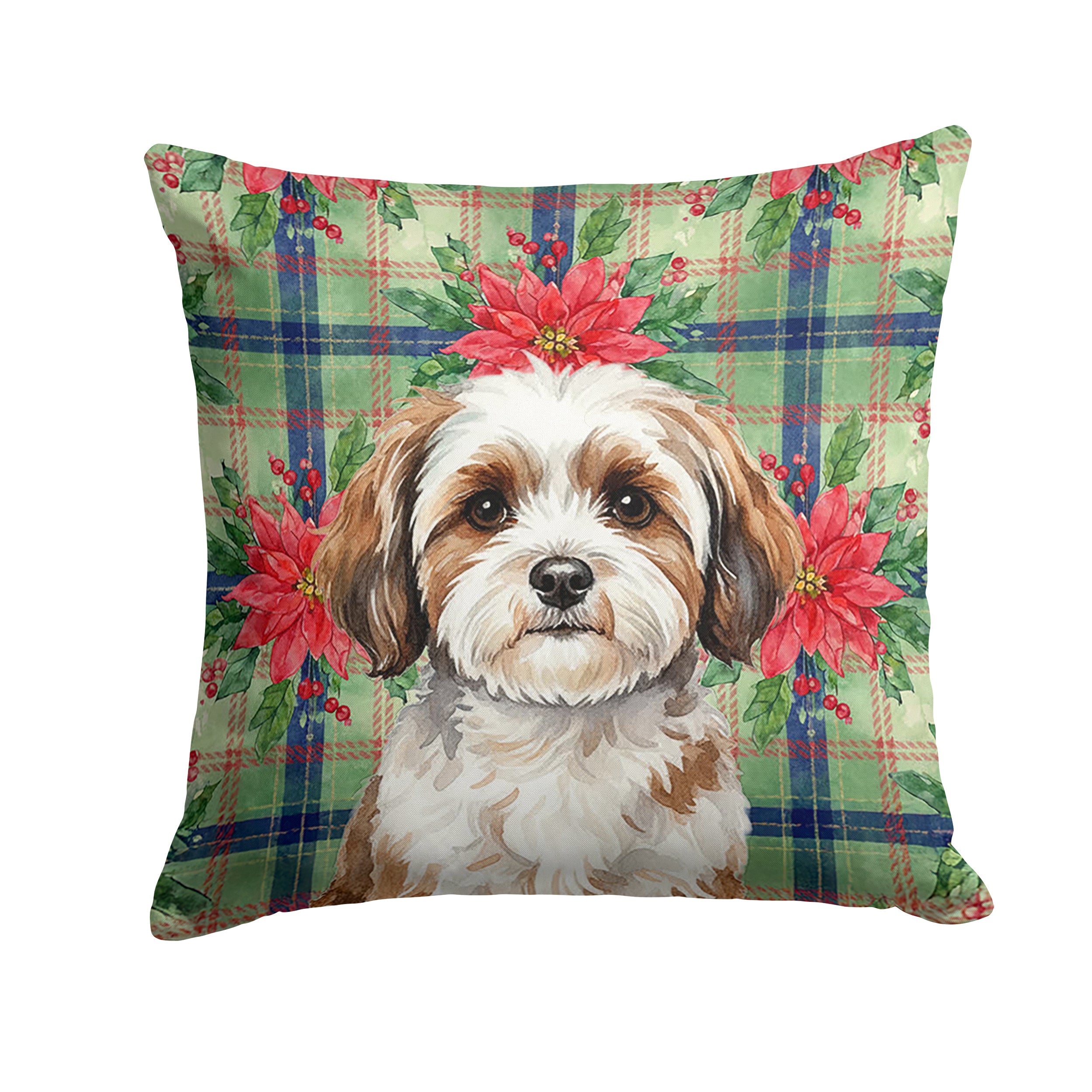 Parti-color Havanese Christmas PoinsettIas Decorative Throw Pillow 18x18 Indoor Outdoor Accent Cushion, Fabric Cover with Insert for Sofa, Bed, Porch & Living Room