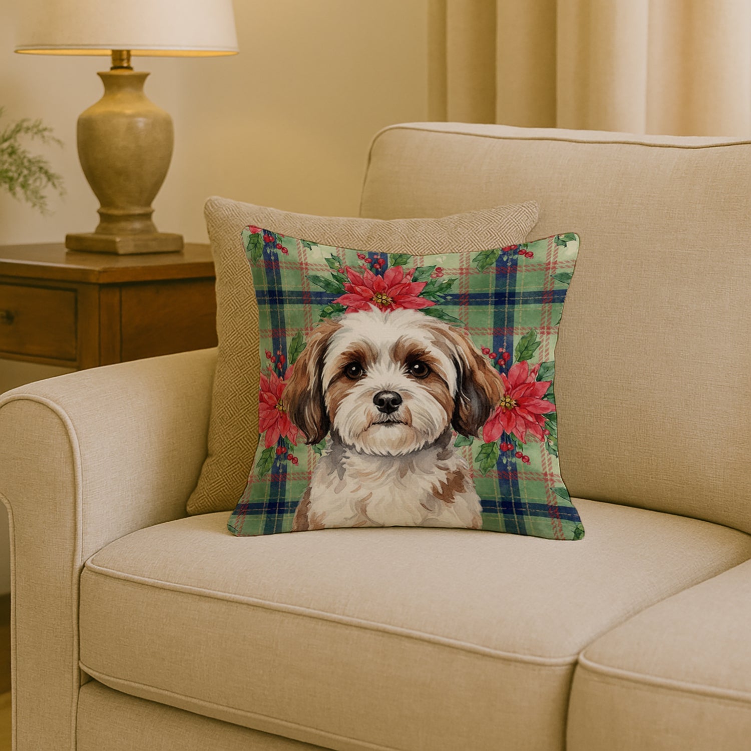 Parti-color Havanese Christmas PoinsettIas Decorative Throw Pillow 18x18 Indoor Outdoor Accent Cushion, Fabric Cover with Insert for Sofa, Bed, Porch & Living Room