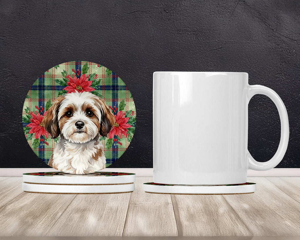 Parti-color Havanese Christmas PoinsettIas Large Sandstone Coasters Pack of 4 Absorbent Round Coasters Decor Gifts for Men or Women, 4 in, Multicolor