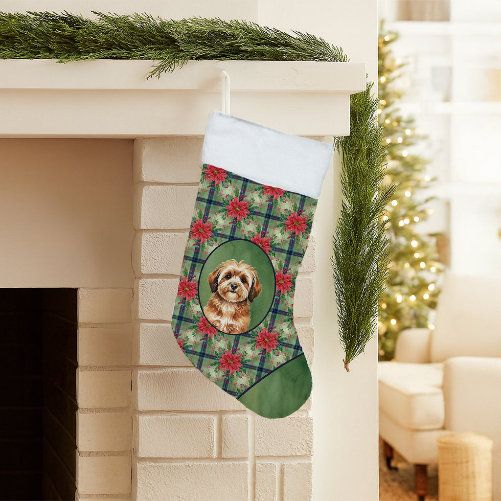 Sable Havanese Christmas PoinsettIas Holiday Stocking Double-Sided Print, Polyester Suede,11x18, Made in USA