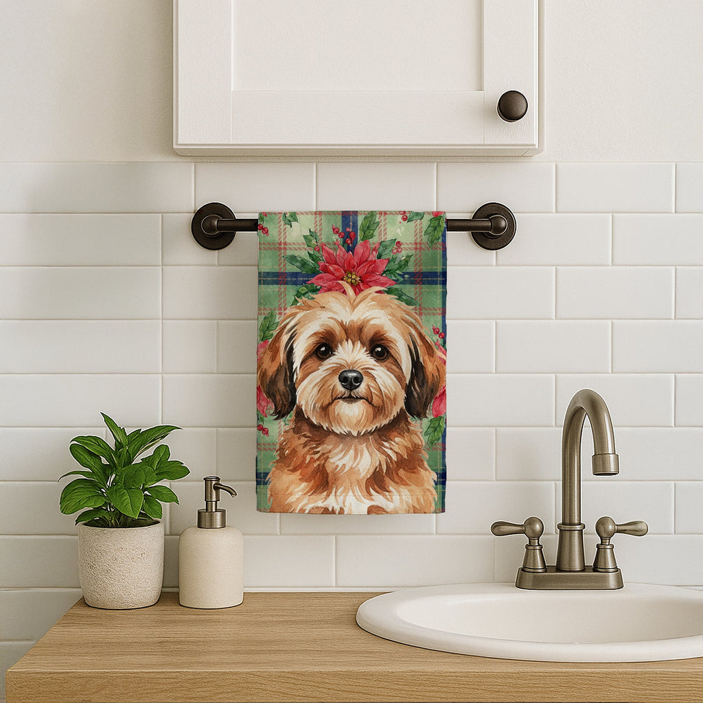 Sable Havanese Christmas PoinsettIas Kitchen Towel Velour Plush Front and Cotton Loop Back Machine Washable