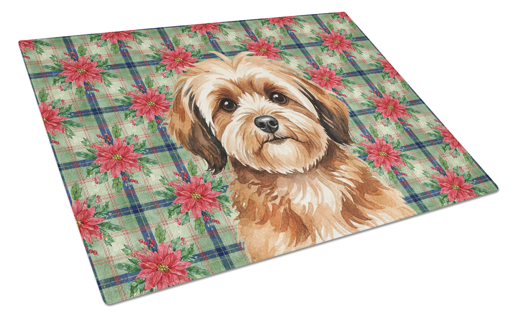 Sable Havanese Christmas PoinsettIas Cutting Board Tempered Glass Kitchen Cutting Surface, Heat Resistant Chopping, Non-Slip Feet, Food Prep & Serving