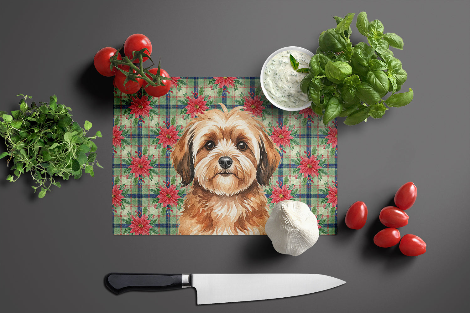 Sable Havanese Christmas PoinsettIas Cutting Board Tempered Glass Kitchen Cutting Surface, Heat Resistant Chopping, Non-Slip Feet, Food Prep & Serving