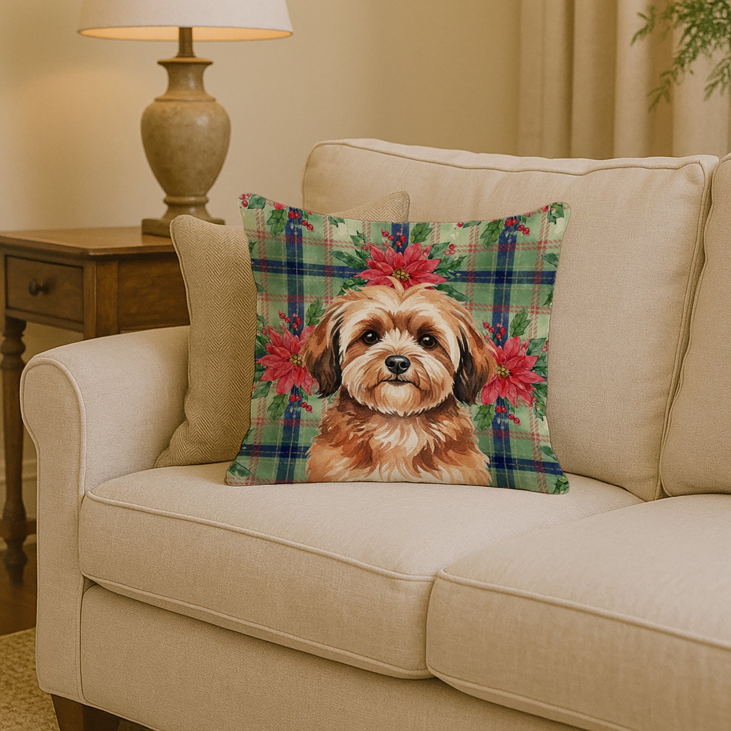 Sable Havanese Christmas PoinsettIas Decorative Throw Pillow 14x14 Indoor Outdoor Accent Cushion, Fabric Cover with Insert for Sofa, Bed, Porch & Living Room