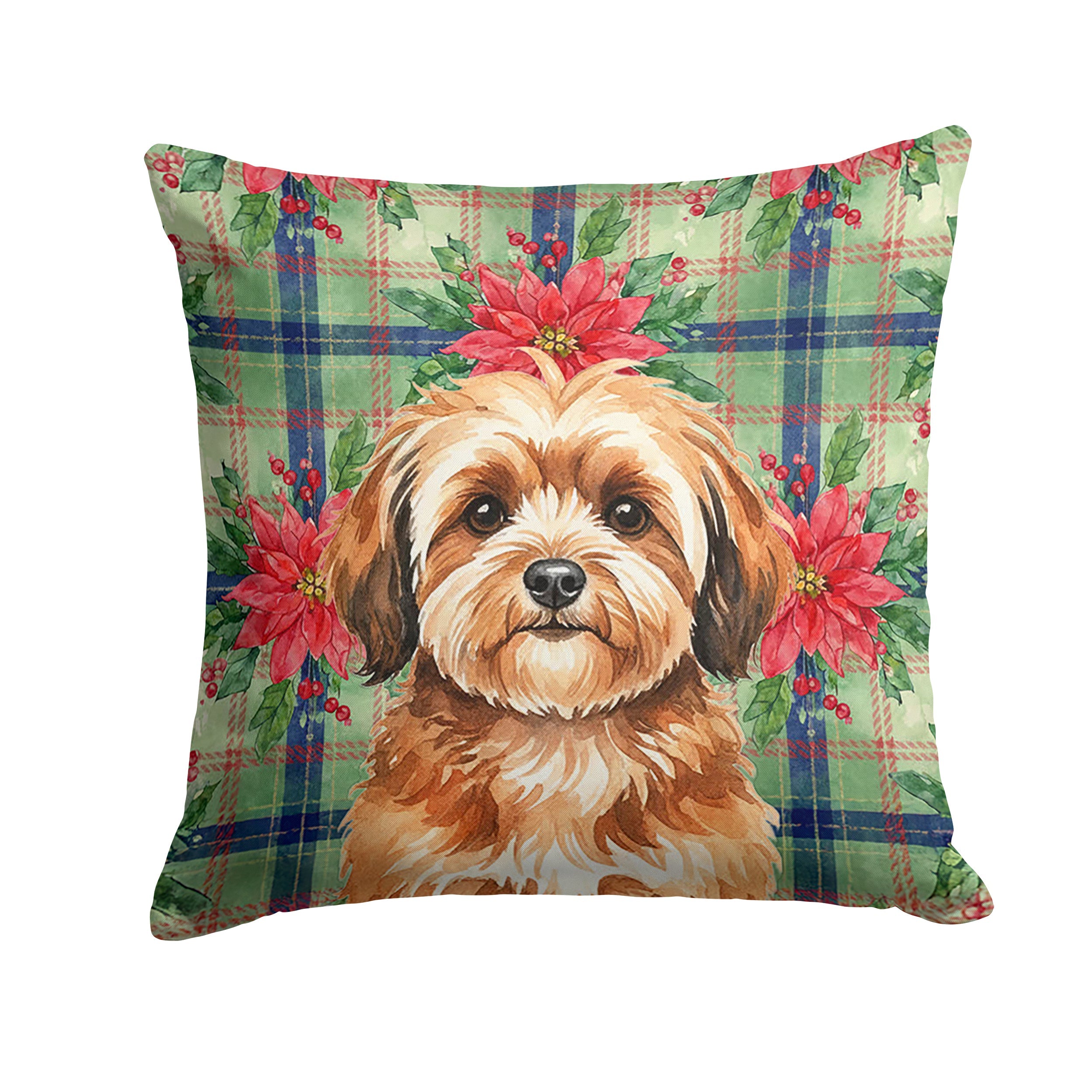 Sable Havanese Christmas PoinsettIas Decorative Throw Pillow 18x18 Indoor Outdoor Accent Cushion, Fabric Cover with Insert for Sofa, Bed, Porch & Living Room