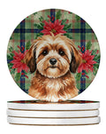 Sable Havanese Christmas PoinsettIas Large Sandstone Coasters Pack of 4 Absorbent Round Coasters Decor Gifts for Men or Women, 4 in, Multicolor