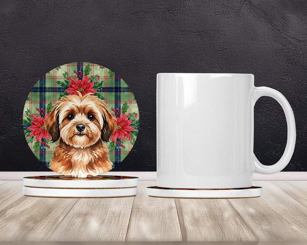 Sable Havanese Christmas PoinsettIas Large Sandstone Coasters Pack of 4 Absorbent Round Coasters Decor Gifts for Men or Women, 4 in, Multicolor