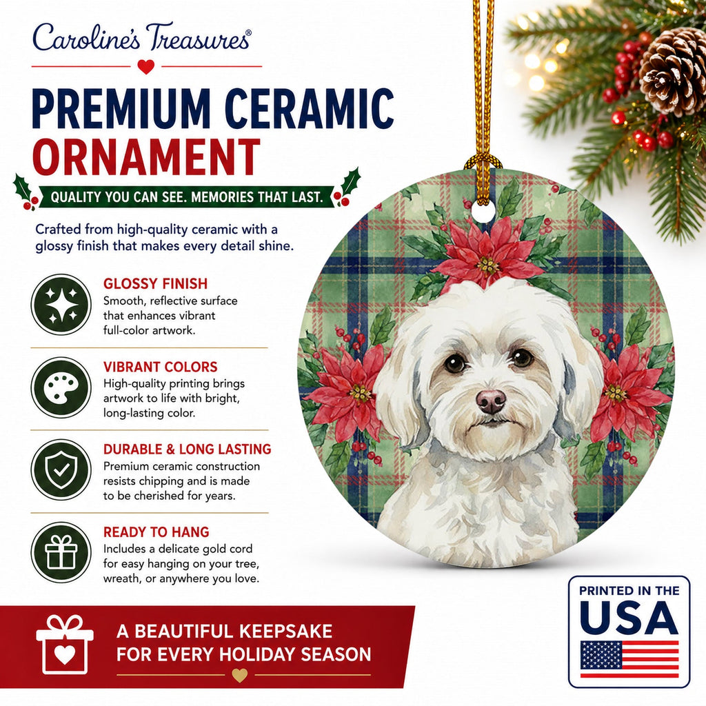 White Havanese Christmas PoinsettIas Ceramic Ornament Christmas Tree Hanging Decorations for Home Christmas Holiday, Party, Gift, 3 in, Multicolor