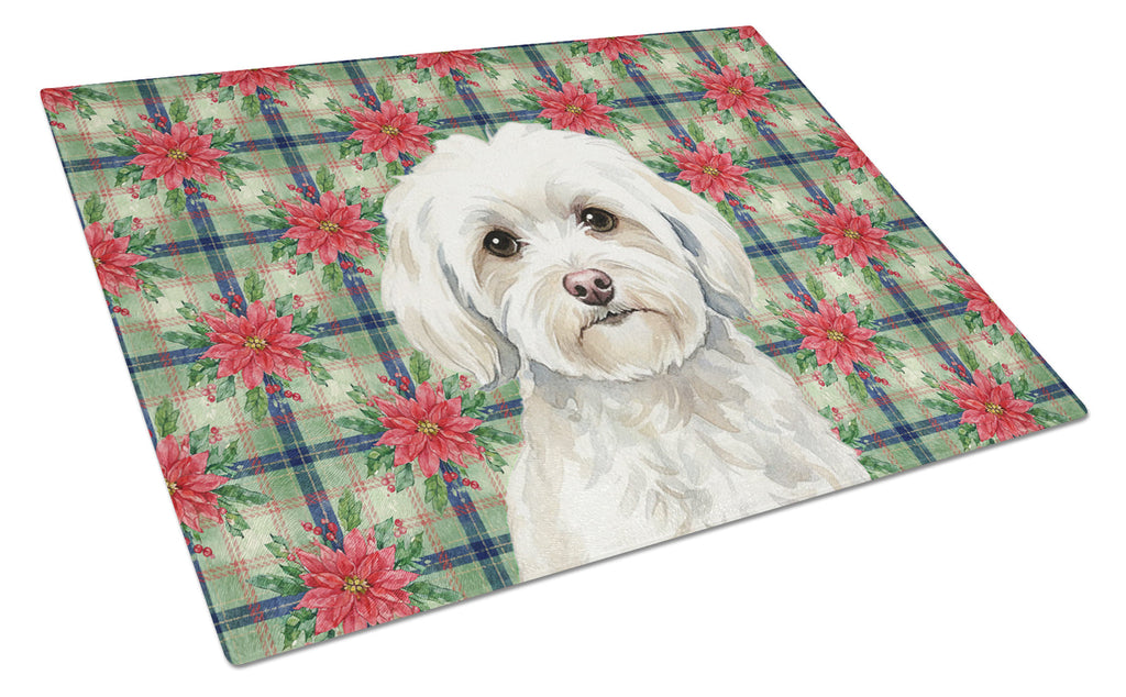 White Havanese Christmas PoinsettIas Cutting Board Tempered Glass Kitchen Cutting Surface, Heat Resistant Chopping, Non-Slip Feet, Food Prep & Serving