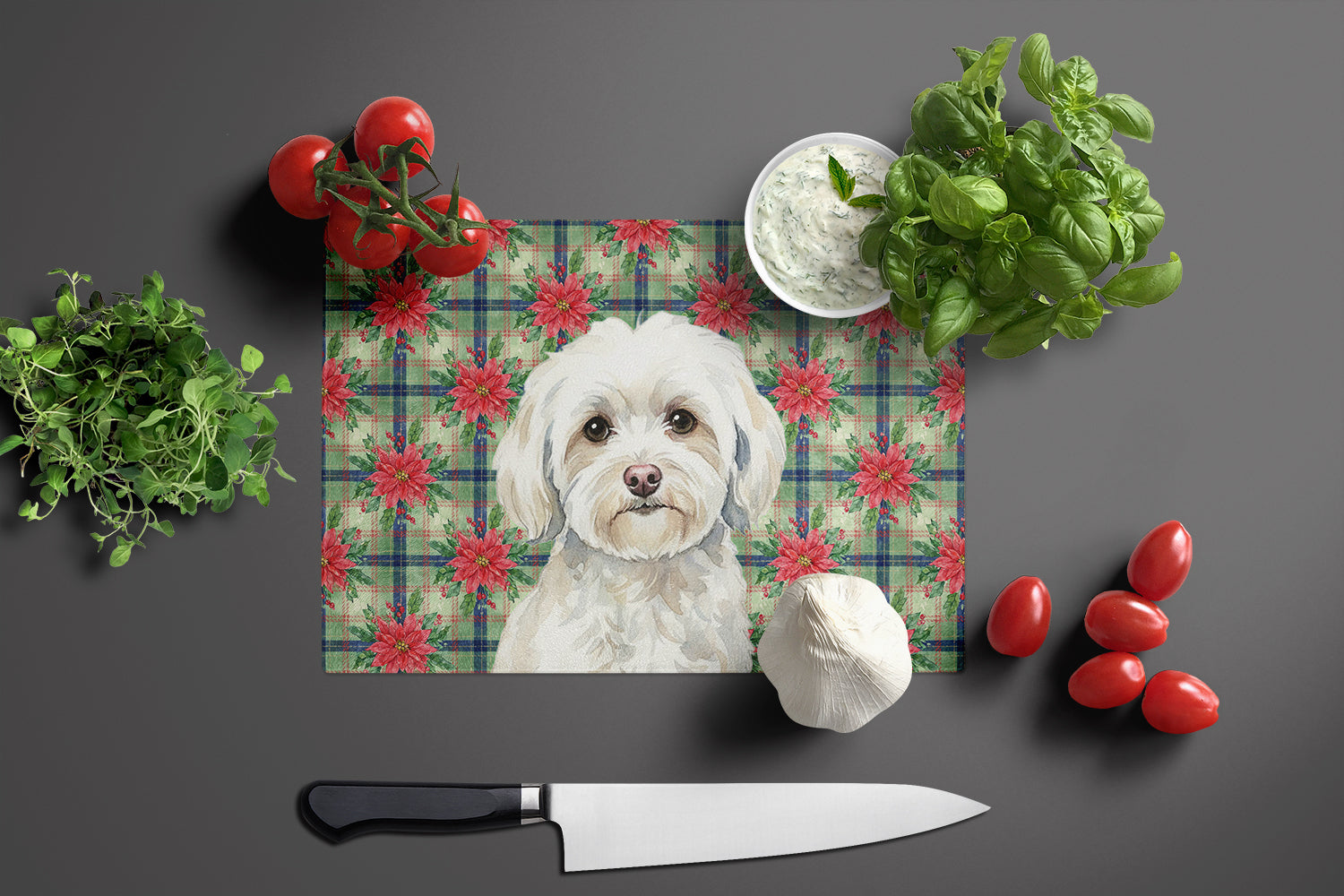 White Havanese Christmas PoinsettIas Cutting Board Tempered Glass Kitchen Cutting Surface, Heat Resistant Chopping, Non-Slip Feet, Food Prep & Serving