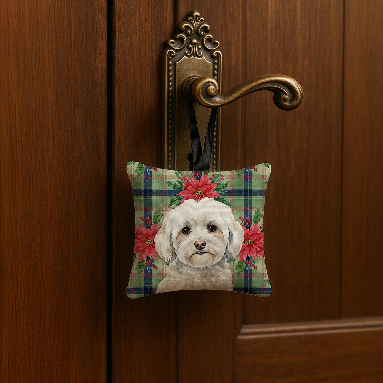 White Havanese Christmas PoinsettIas Hanging Square Fabric Ornament 3.5 � 3.5 Decorative Door-Knob & Tree Hanger, Soft Fabric