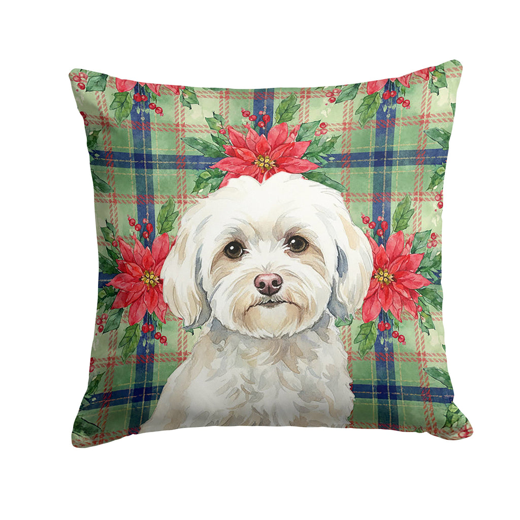 White Havanese Christmas PoinsettIas Decorative Throw Pillow 14x14 Indoor Outdoor Accent Cushion, Fabric Cover with Insert for Sofa, Bed, Porch & Living Room