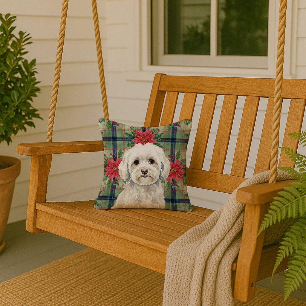 White Havanese Christmas PoinsettIas Decorative Throw Pillow 14x14 Indoor Outdoor Accent Cushion, Fabric Cover with Insert for Sofa, Bed, Porch & Living Room