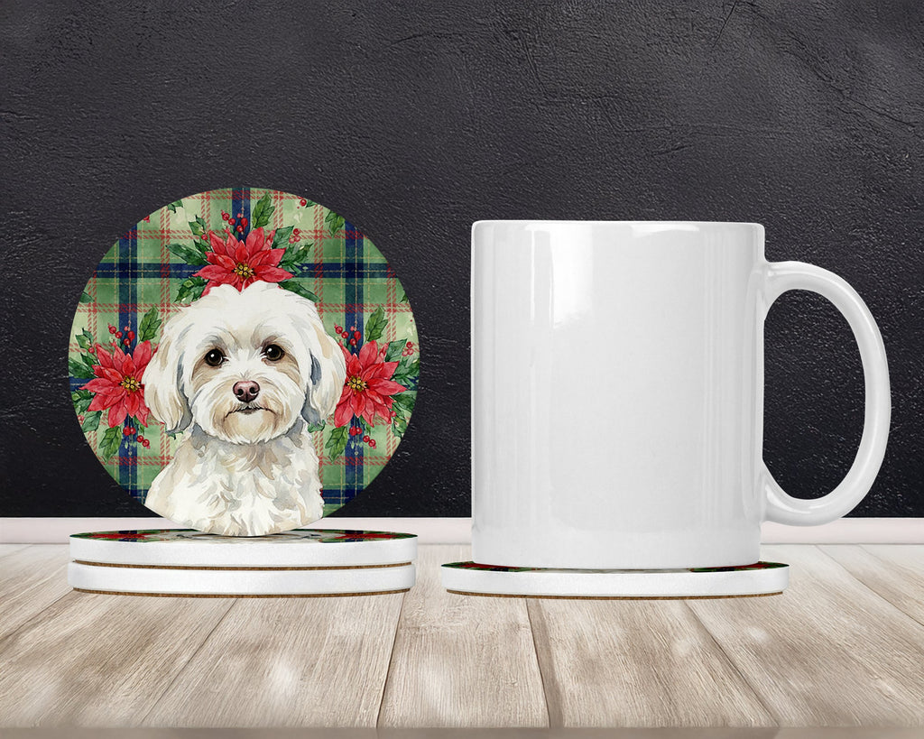 White Havanese Christmas PoinsettIas Large Sandstone Coasters Pack of 4 Absorbent Round Coasters Decor Gifts for Men or Women, 4 in, Multicolor