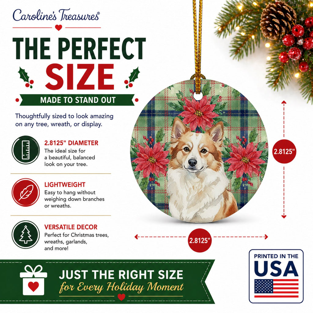 Tan Icelandic Sheepdog Christmas PoinsettIas Ceramic Ornament Christmas Tree Hanging Decorations for Home Christmas Holiday, Party, Gift, 3 in, Multicolor
