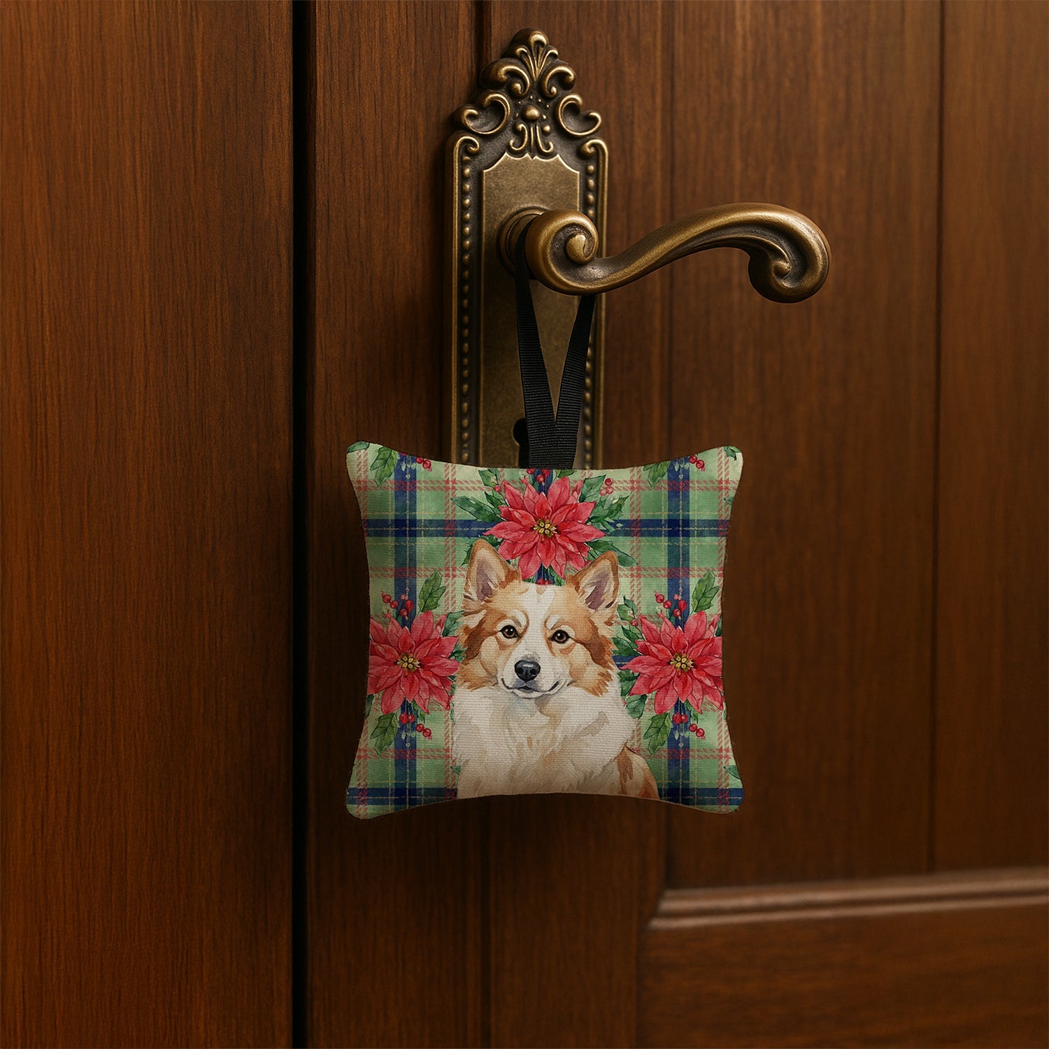 Tan Icelandic Sheepdog Christmas PoinsettIas Hanging Square Fabric Ornament 3.5 � 3.5 Decorative Door-Knob & Tree Hanger, Soft Fabric