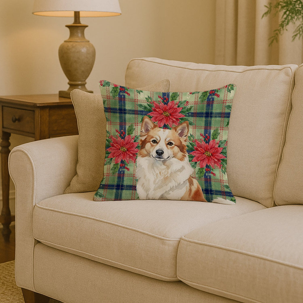 Tan Icelandic Sheepdog Christmas PoinsettIas Decorative Throw Pillow 14x14 Indoor Outdoor Accent Cushion, Fabric Cover with Insert for Sofa, Bed, Porch & Living Room