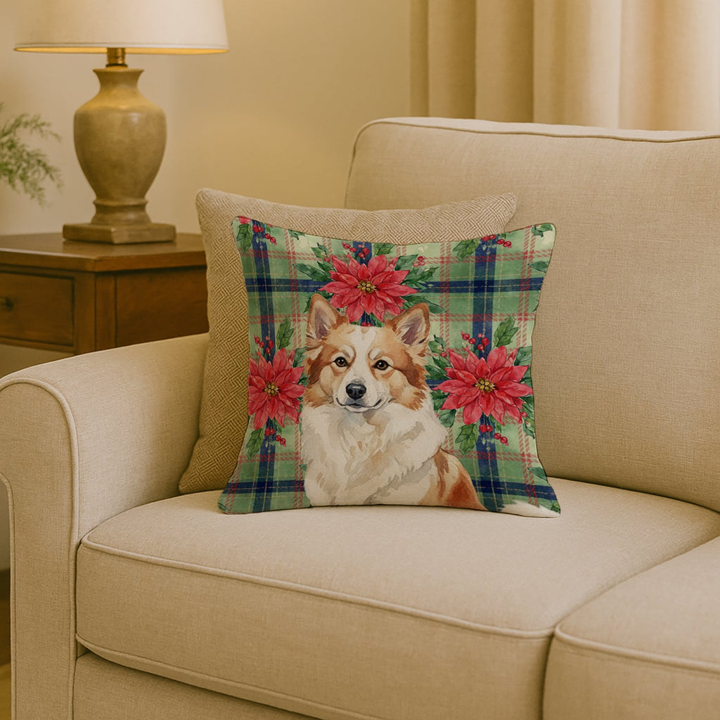 Tan Icelandic Sheepdog Christmas PoinsettIas Decorative Throw Pillow 18x18 Indoor Outdoor Accent Cushion, Fabric Cover with Insert for Sofa, Bed, Porch & Living Room