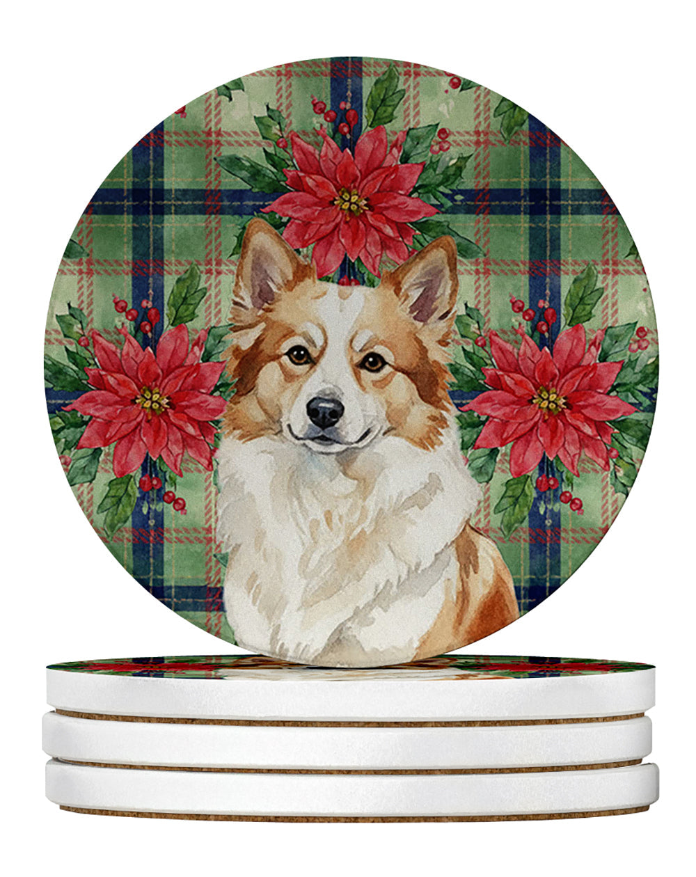Tan Icelandic Sheepdog Christmas PoinsettIas Large Sandstone Coasters Pack of 4 Absorbent Round Coasters Decor Gifts for Men or Women, 4 in, Multicolor