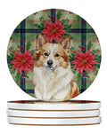 Tan Icelandic Sheepdog Christmas PoinsettIas Large Sandstone Coasters Pack of 4 Absorbent Round Coasters Decor Gifts for Men or Women, 4 in, Multicolor