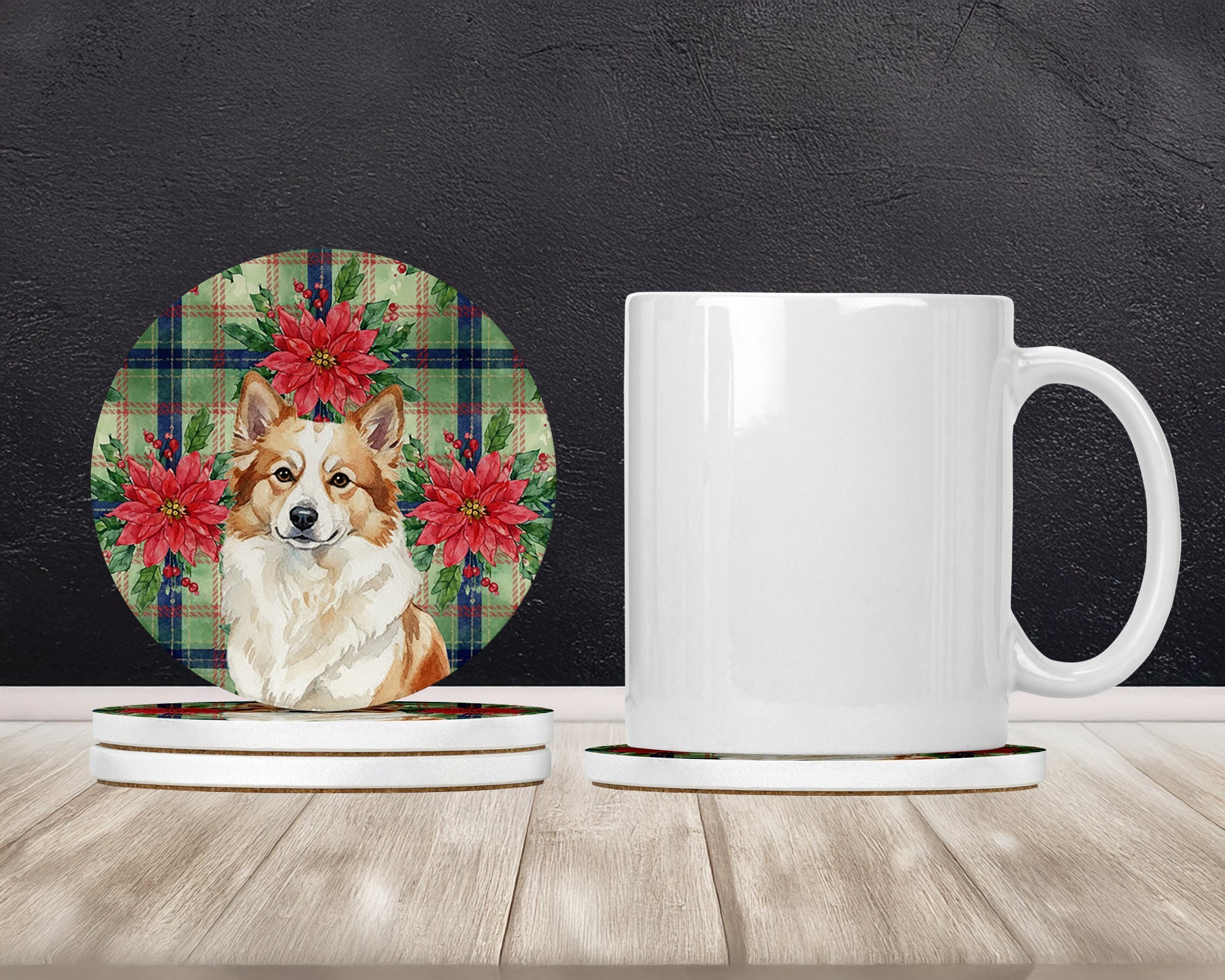 Tan Icelandic Sheepdog Christmas PoinsettIas Large Sandstone Coasters Pack of 4 Absorbent Round Coasters Decor Gifts for Men or Women, 4 in, Multicolor