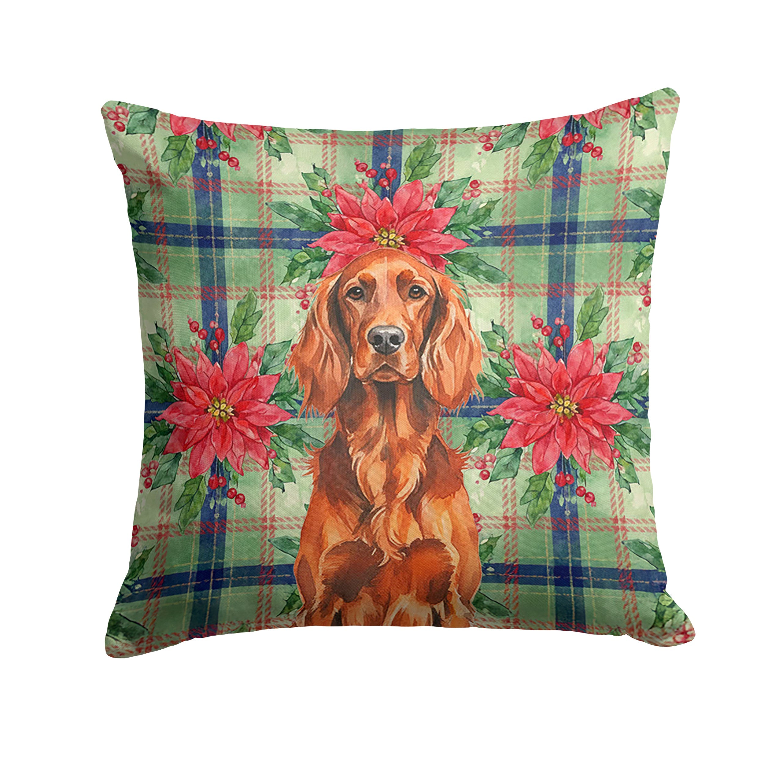 Irish Setter Christmas PoinsettIas Decorative Throw Pillow 18x18 Indoor Outdoor Accent Cushion, Fabric Cover with Insert for Sofa, Bed, Porch & Living Room