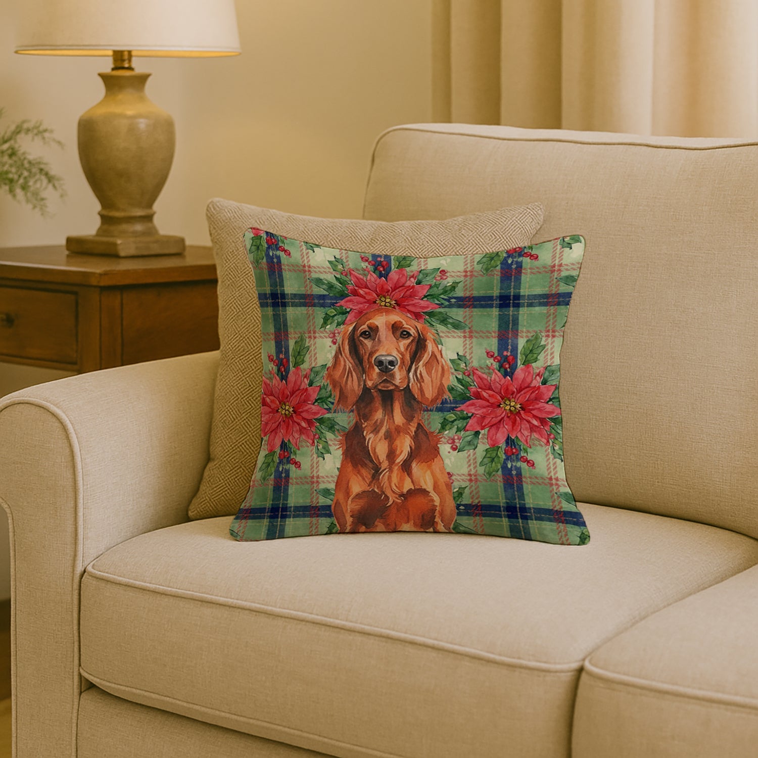 Irish Setter Christmas PoinsettIas Decorative Throw Pillow 18x18 Indoor Outdoor Accent Cushion, Fabric Cover with Insert for Sofa, Bed, Porch & Living Room