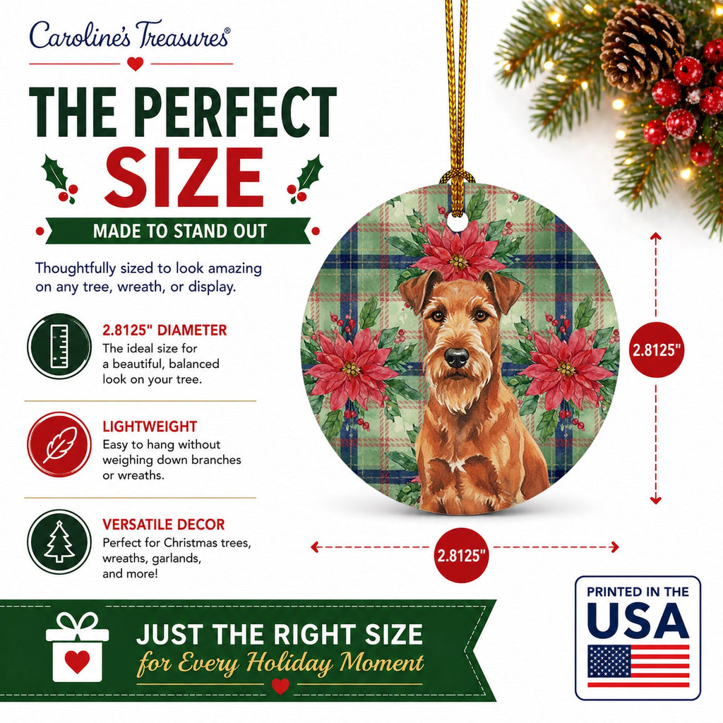 Irish Terrier Christmas PoinsettIas Ceramic Ornament Christmas Tree Hanging Decorations for Home Christmas Holiday, Party, Gift, 3 in, Multicolor