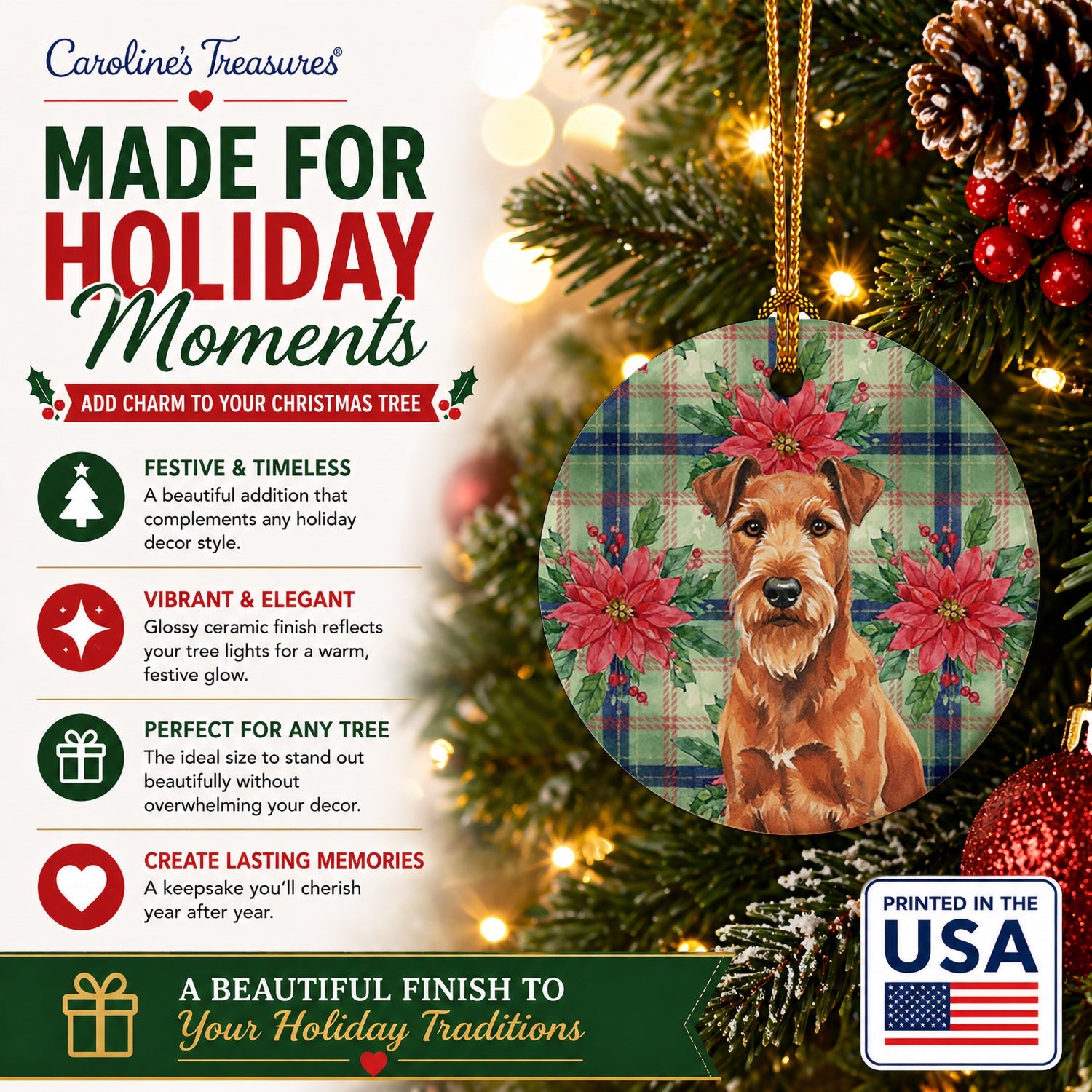 Irish Terrier Christmas PoinsettIas Ceramic Ornament Christmas Tree Hanging Decorations for Home Christmas Holiday, Party, Gift, 3 in, Multicolor