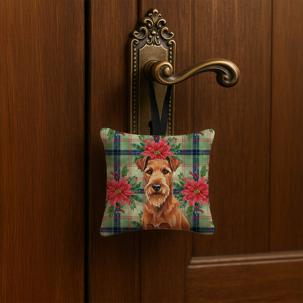 Irish Terrier Christmas PoinsettIas Hanging Square Fabric Ornament 3.5 � 3.5 Decorative Door-Knob & Tree Hanger, Soft Fabric